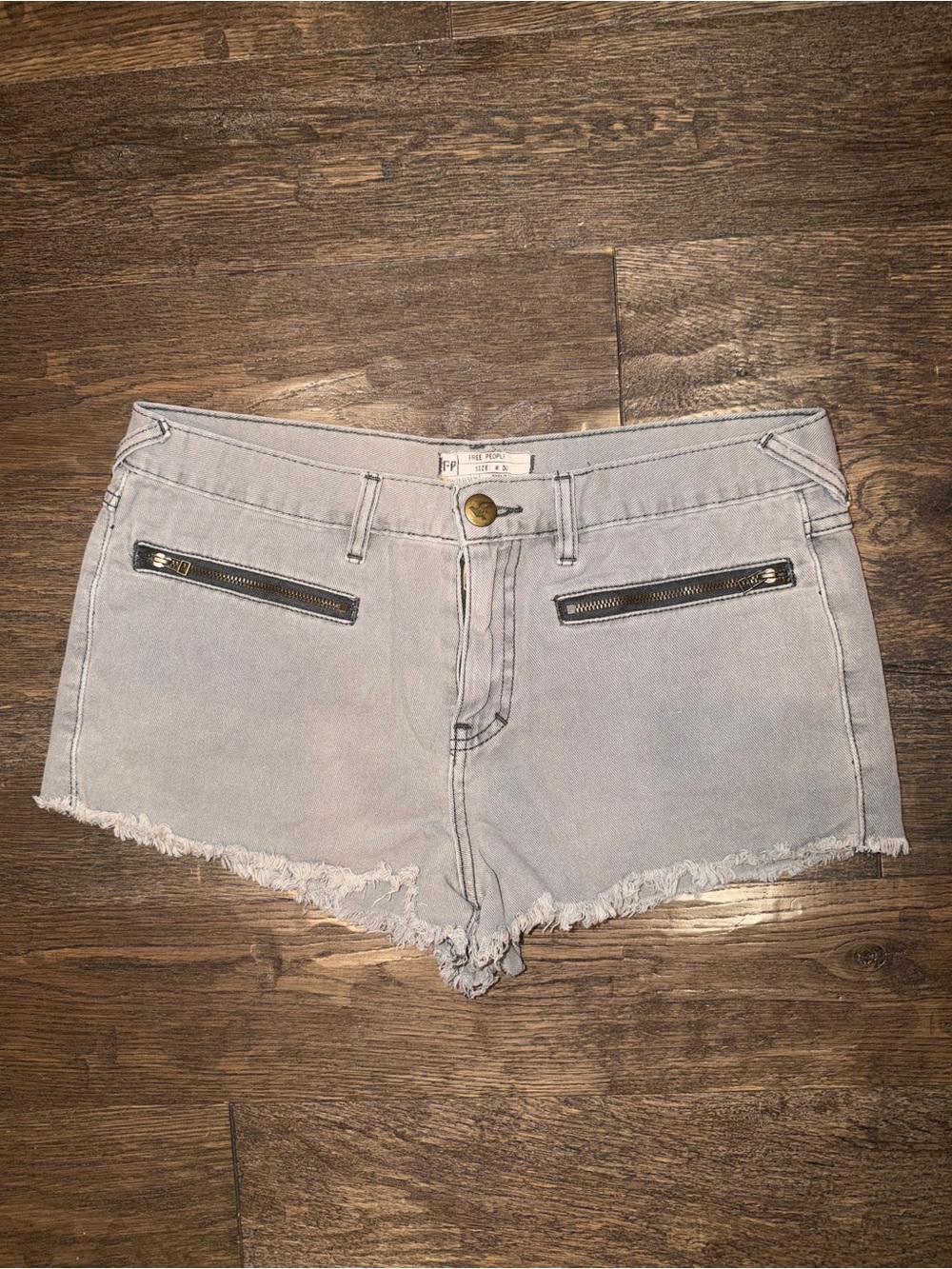 Free People Pale Gray Denim Zip-Pocket Frayed Shorts